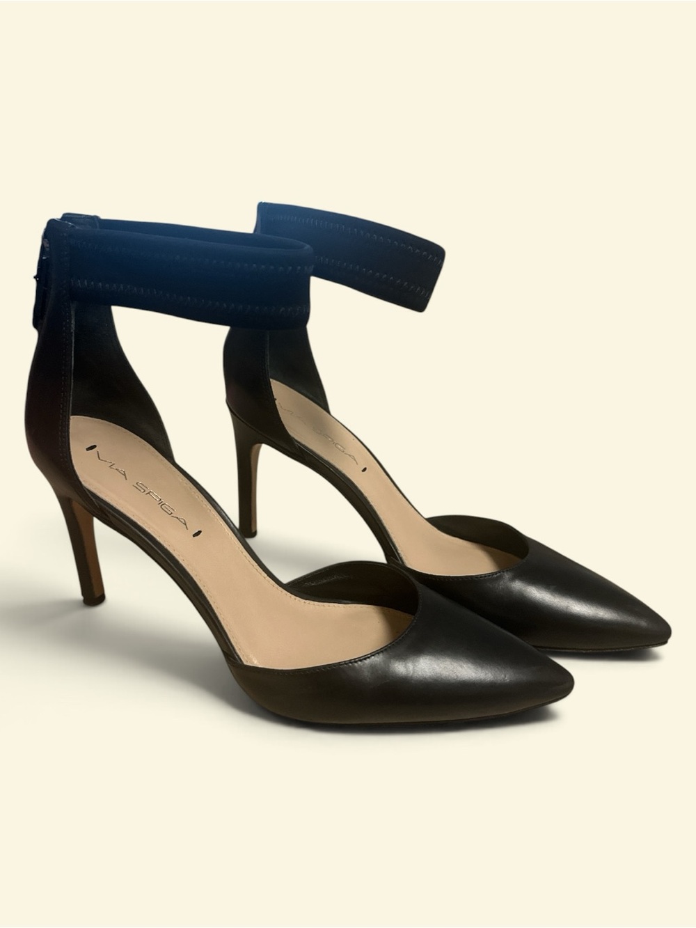 Via Spiga  Black Pointed Ankle-Strap Stiletto Pumps